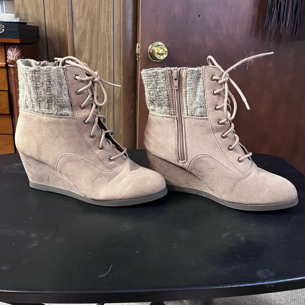 Suede zip up wedge booties
